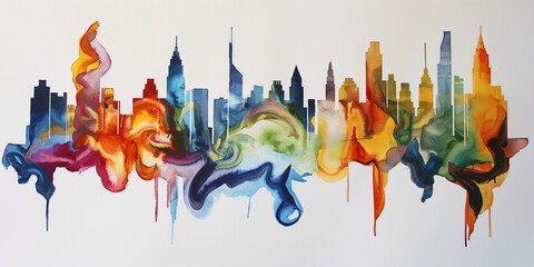 Abstract watercolour wash painting of the skyline of New York. America. Vibrant watercolor painting on thick white paper. Empire State Building included.