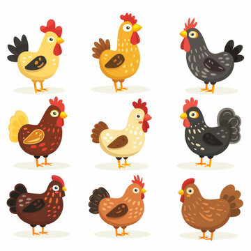 A collection of colorful and cute cartoon chicken illustrations on a plain background.