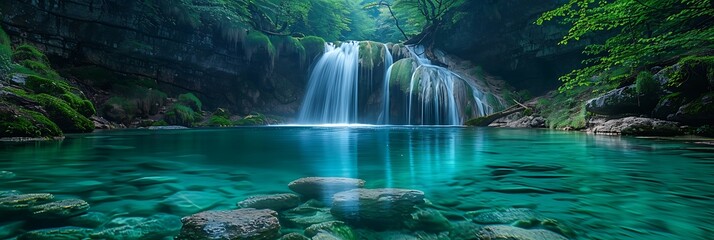 A majestic waterfall cascading into a crystal-clear blue pool surrounded by lush greenery.