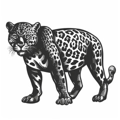 Intricately detailed black and white illustration of a leopard in a stalking pose.