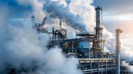 A large industrial plant with pipes and machinery emitting large amounts of steam and smoke as it processes biomass into biofuel. The caption reads Nanotechnology and catalysis play . - obrazy, fototapety, plakaty