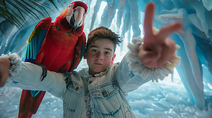 A boy poses with a parrot in a cold environment