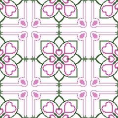 seamless pattern with pink heart and green flowers