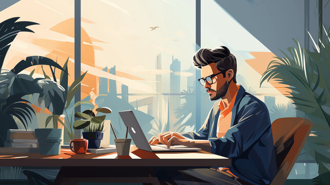 person working on laptop in the background is big window with city view