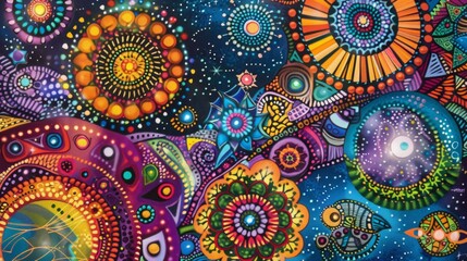 A vibrant and intricate pattern, filled with rich colors like deep blues, oranges, greens, purples, reds, yellows, and pinks, set against an abstract background 