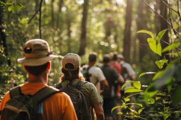 hikers on a forest trail during a peaceful, sunlit nature trek
