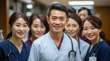 Fototapeta premium Dedicated team of smiling Asian doctors and healthcare professionals in hospital.