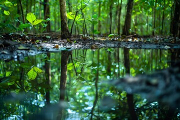 mangrove seedlings thriving in a tranquil freshwater swamp