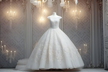 Lush white  wedding dress on a mannequin in a pink interior, generated by AI - obrazy, fototapety, plakaty