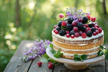 summery naked cake laden with a bounty of berries and lilac blossoms