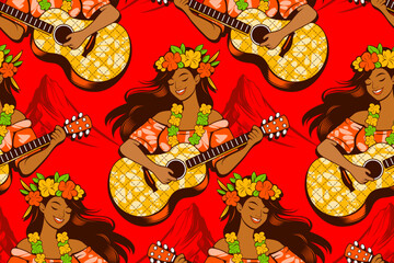 Hula Girls cartoon playing the guitar African fabric Ethnic seamless pattern background, hand drawn overlap of tribal textile fashion artwork suitable for fabric printing clothing.