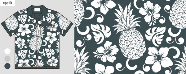 Hawaiian Summer Fashion, Pineapple Seamless Pattern background, Abstract Fruit Artwork on Short sleeve shirt Mockup, Tropical Screen clothes season theme.