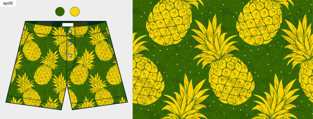 Hawaiian Summer Fashion, Pineapple Seamless Pattern background, Abstract Fruit Artwork on  Pants Mockup in Tropical Paradise, Screen clothes season theme.