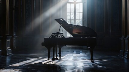 In a dimly lit room, a black grand piano glistens under a single spotlight, its sleek curves and ebony finish commanding attention. - obrazy, fototapety, plakaty