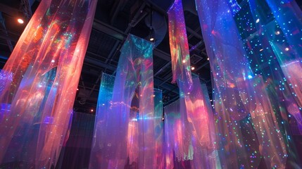 Swirls of iridescent fabric hang from the ceiling reflecting the light from various sources tered throughout the room. It feels as though the fireflies have taken flight and created .