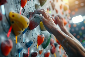 close up of climber's hands gripping holds on colorful indoor climbing wall