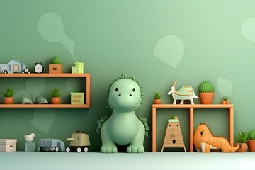 Green children's background with funny toys and shelves with educational activities, created by AI - obrazy, fototapety, plakaty