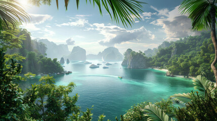Scenic view of a serene tropical bay with emerald waters, surrounded by lush greenery and dramatic...