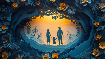 Artistic paper cut design of a family silhouette with sunset in the background.