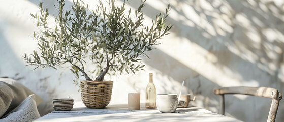 Fresh Olive Branch on Wooden Table, Concept of Mediterranean Cuisine, Healthy Organic Ingredients