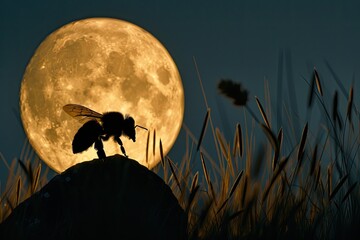 A bee silhouette against the full moon - obrazy, fototapety, plakaty