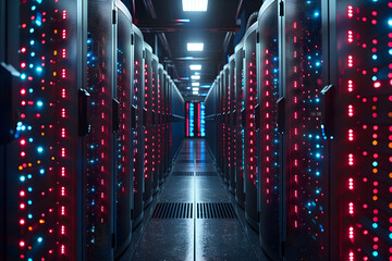 Several rows of servers are arranged in a large server room data center. illustration
