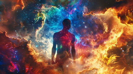 A mysterious black man stands before a backdrop of swirling vibrant nebulas. His strong pose and intricately detailed celestialinspired attire exude a sense of cosmic power and intrigue. . - obrazy, fototapety, plakaty