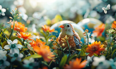 A colorful songbird surrounded by vibrant orange flowers and green foliage in a serene garden, illuminated by soft morning light. - obrazy, fototapety, plakaty