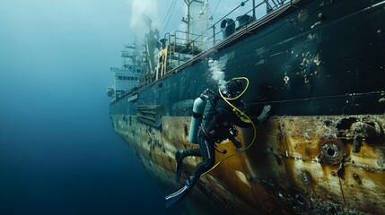 A diver wearing a specialized apparatus attached to a large tanker ship collecting waste and converting it into biofuel. The ship is marked with a symbol for reduced carbon emissions .