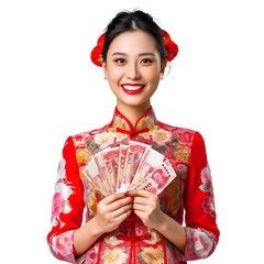 Beautiful Young Asian woman holding and showing 100 Chinese Yuan notes to the camera over transparent background, China lady happy counting smiling hand money cash currency Renminbi red - obrazy, fototapety, plakaty