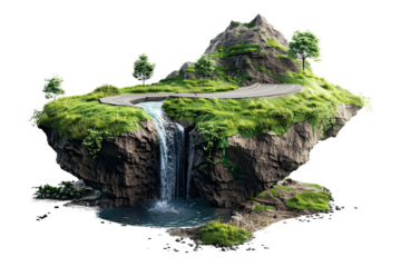 3D of road going up to the top of green mountain forest landscape, isolated on white background, png