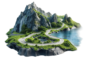 3D of road going up to the top of green mountain forest landscape, isolated on white background, png