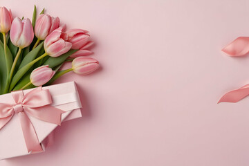 Top view photo of stylish pink giftbox with ribbon bow and bouquet of tulips on pastel pink background
