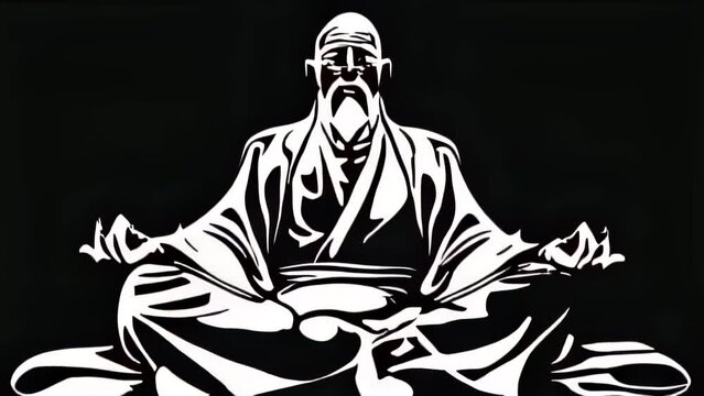 Powerful brushstrokes depict a monk in a seated Zen meditation posture in this ink painting. The contrast of black and white expresses the Zen worldview. 