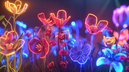 Neon Tulips and Flowers on Dark Background