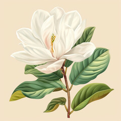 Illustration of a single white magnolia flower with detailed petals and leaves against a neutral background.