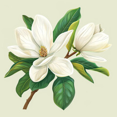 Artistic rendering of two blooming white magnolia flowers with lush green leaves.