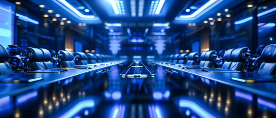 Fototapeta premium Futuristic Technology Corridor, Modern Digital Design with Blue Lighting, Science Fiction Inspired Interior