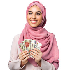Beautiful Young middle east  woman holding and showing 200 Egyptian pound notes to camera over transparent background, Egypt lady happy counting smiling hand money cash pound currency hijab Arab - obrazy, fototapety, plakaty