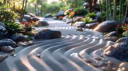 A peaceful Japanese zen garden with raked sand, rocks, and a small bamboo fountain.  - obrazy, fototapety, plakaty
