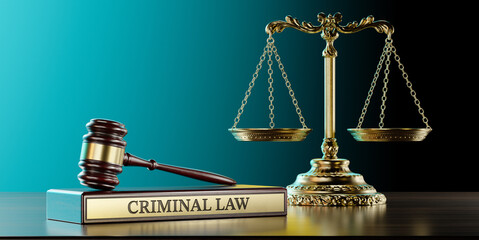 Criminal Law: Judge's Gavel as a symbol of legal system , Scales of justice and wooden stand with text word - 779320299