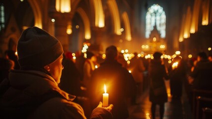 Candlelight vigil in a church, crowd perspective - The warm glow of candles illuminates a crowd during a solemn candlelight vigil inside a church, evoking a sense of community and spirituality - obrazy, fototapety, plakaty