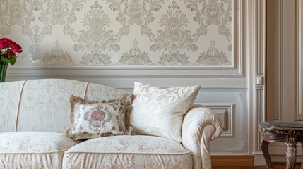 The fifth image showcases a living room with a timeless and elegant design achieved by using a traditional damask wallpaper. The intricate texture of the damask pattern adds a touch . - obrazy, fototapety, plakaty