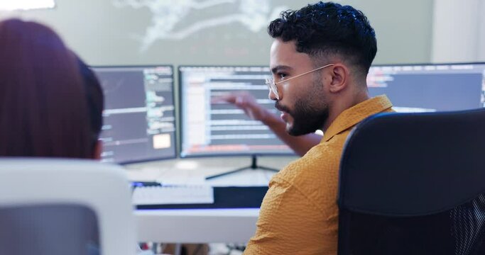 Office, worker and training in computer with coding in teamwork or collaboration for big data. Support, help and learning in pc for software development or programming with information technology