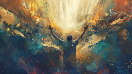 Man with arms raised in an explosion of colors - Evocative of hope and jubilation, a man raises his arms amidst an abstract explosion of colors, light, and textures