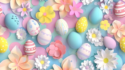Obraz na płótnie Canvas Paper Art Easter Eggs Spring Flowers Background Seamless Pattern