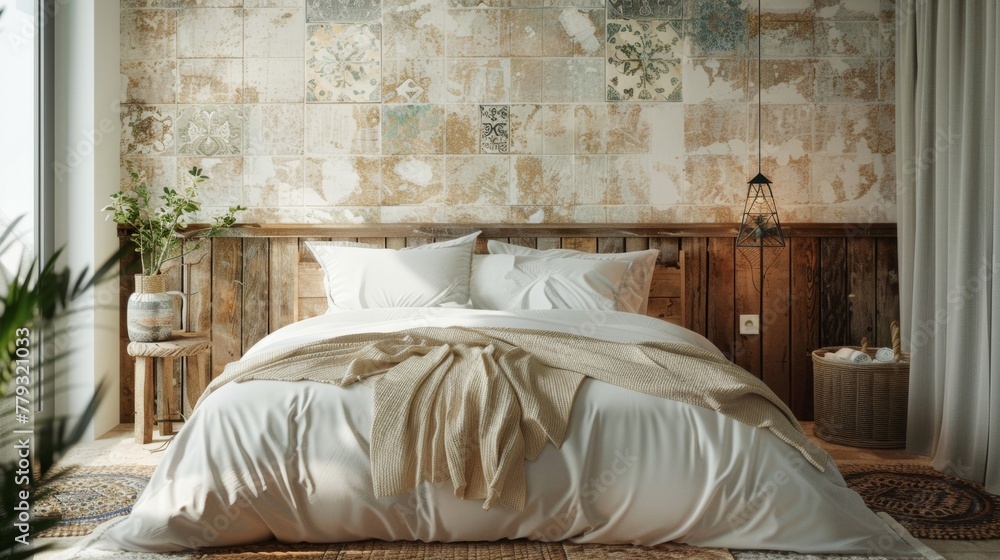 Poster a cozy bedroom with a feature wall adorned with antique tiles adding a touch of luxury and elegance 