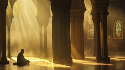 Silhouette praying in mosque golden rays - Spiritual tranquility and cultural majesty shown in the silhouette of a praying person within a mosque resonating with golden sunlight