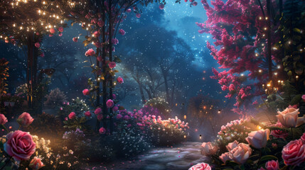 Fantastical animated illustration of an enchanted flower garden glowing at night with a magical, dreamy atmosphere.