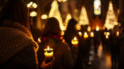 Candlelight vigil warm moment of reflection - The image captures a tranquil candlelight vigil ceremony, emphasizing community, unity, and spiritual contemplation - obrazy, fototapety, plakaty